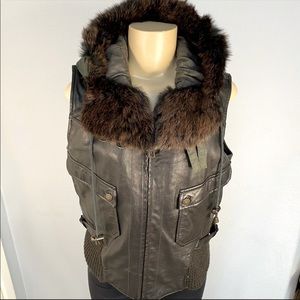 JUNE leather silk lined vest with genuine fur hood
